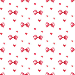 Watercolor seamless pattern with red bows and hearts.