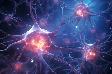 3D concept of neural connections and brain activity. Synapses and neurons send electrical chemical signals. Neuron interconnected neurons with electrical impulses. Design for scientific presentations 