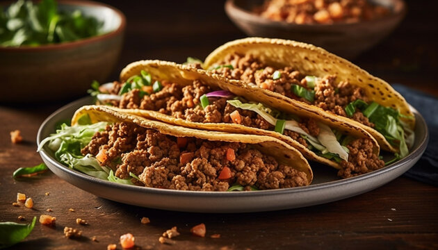 Freshness on a plate homemade taco with grilled beef and guacamole generated by AI