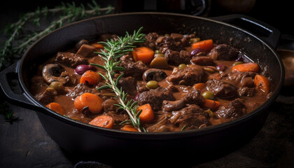 A rustic homemade beef stew, cooked with fresh vegetables and herbs generated by AI