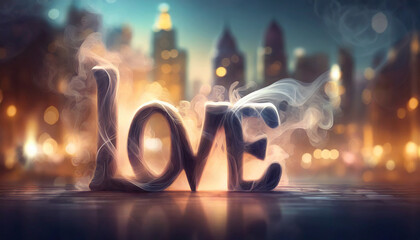 Text Love, made in smoke on blurred background of a city at night