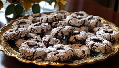 Obraz premium A stack of homemade chocolate chip cookies on a wooden plate generated by AI