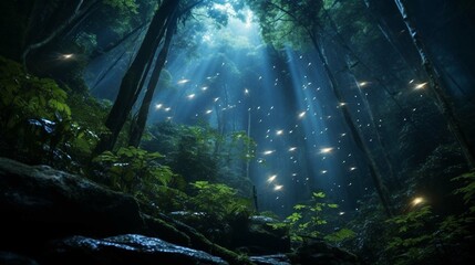 A flock of lightning bugs in air, mysterious forest at night