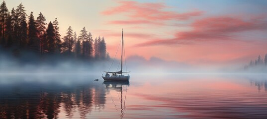 wooden sailing boat on the lake at sunset,