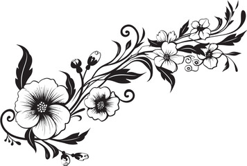 Intricate Vines Hand Drawn Black Logo Design Sketchy Blooms Floral Vector Emblem in Black
