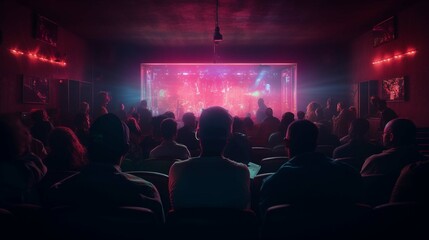Audience listening to speaker in neon light 