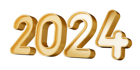 Happy new year, 2024 3D text render with gold effect, metallic, isolated on transparent background. 3D Illustration