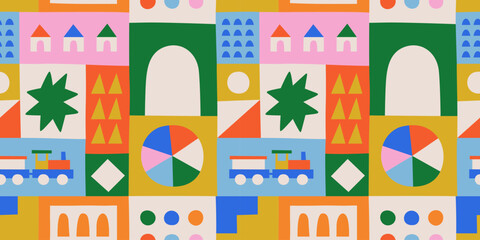 Fun colorful geometric shape seamless pattern. Creative abstract children style art background for kid education or trendy design with playful geometry shapes. Simple childish wallpaper texture.