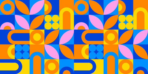 Colorful geometric mosaic seamless pattern illustration with creative abstract shapes. Modern scandinavian style background print. Trendy bright symbols and minimalist shape texture, geometry collage. © Dedraw Studio