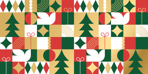 Modern geometric christmas mosaic seamless pattern. Abstract xmas holiday icon background with traditional winter decoration. Festive party invitation texture, minimalist december event print.