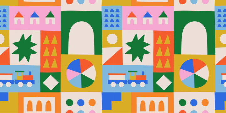 Fun colorful geometric shape seamless pattern. Creative abstract children style art background for kid education or trendy design with playful geometry shapes. Simple childish wallpaper texture.