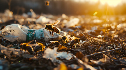 a bee collecting a plastic bottle in a field of dead leaves - obrazy, fototapety, plakaty