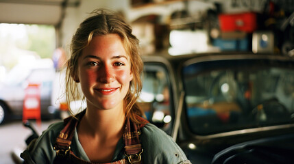 retrato de chica que es mecánica de coches en su taller - obrazy, fototapety, plakaty