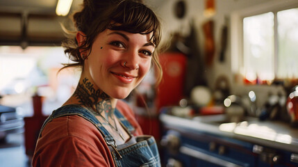 retrato de chica que es mecánica de coches en su taller - obrazy, fototapety, plakaty