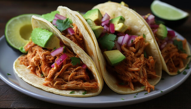 Taco meat, guacamole, tortilla, cilantro, beef, lime, Mexican food generated by AI