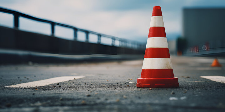 Traffic cone on the road The road is under construction and has a red rubber cone on the road with road background