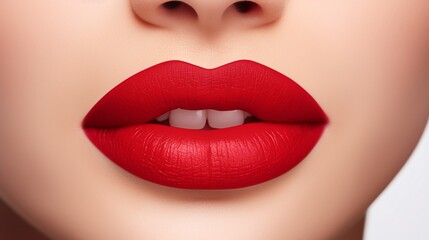 A close-up of a perfectly applied matte red lipstick on a white background.