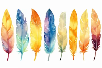 Foto op Plexiglas Colorful boho feather tribes in watercolor, abstract art with bird wing design on white background. Generative AI © Mia
