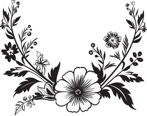 Hand Drawn Garden Floral Logo in Black Organic Vines Handcrafted Vector Emblem