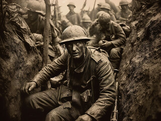 World War I soldiers huddle in muddy trenches, gripping rifles, under gray skies, battle-worn faces. - obrazy, fototapety, plakaty