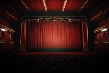 Wide shot of an Empty Elegant Classic Theater with Big Stage and Closed Red Velvet Curtains. Well-lit Opera House with Beautiful Golden Decorations Ready to Recieve Audience for a Play or Ballet Show