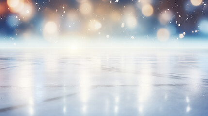 Lights reflecting on the surface of the ice. Closeup of the skating rink. Festive background, Christmas holidays abstract texture. Bokeh lights. Copy space. - obrazy, fototapety, plakaty