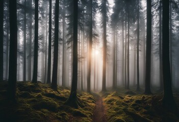 Amazing mystical rising fog forest trees landscape in black forest ( Schwarzwald ) Germany panorama