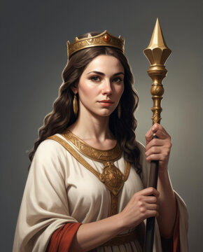 Realistic Portrait of Esther - a biblical figure with a scepter rendered in flat illustration style, depicting conceptual symbolism Gen AI