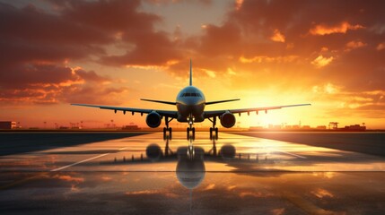 an passenger jet landing on an airport during sunset