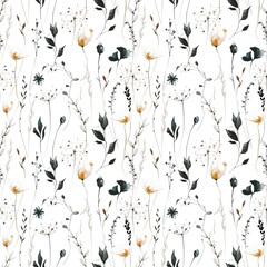Watercolor painted floral delicate seamless pattern of pastel orange, gray, black poppy, wild flowers, leaves, branches, herbs. Watercolour artistic drawing.