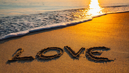 Text Love, traced in the sand, sunset light