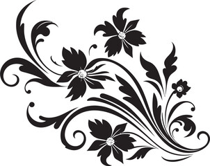 Botanical Vector Silhouette Black Design Inky Floral Swirls Hand Drawn Emblem