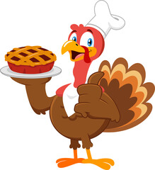 Cute Turkey Chef Cartoon Character Serving Perfect Pie And Giving The Thumbs Up. Flat Illustration Isolated On Transparent Background