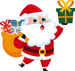 Santa Claus Cartoon Character Holding Up A Gift Box. Flat Illustration Isolated On Transparent Background
