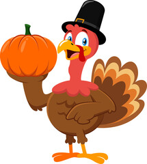 Cute Pilgrim Turkey Cartoon Character Holding A Pumpkin. Flat Illustration Isolated On Transparent Background