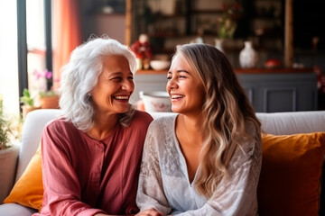 gray haired woman grandmother mother and adult daughter sitting comfortably on the sofa and talking sweetly