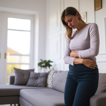 Femme qui a des douleurs au ventre et je tiens les mains sur l'estomac le visage crisp&eacute;, elle est debout dans son appartement