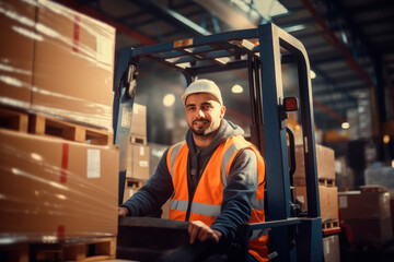 Fototapeta na wymiar male warehouse worker in a vest sits in a forklift against the background of a warehouse