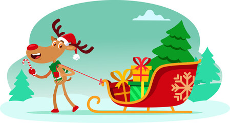 Happy Reindeer Cartoon Character Pulls A Sleigh With Gift Boxes And A Christmas Tree. Flat Illustration Isolated On Transparent Background	