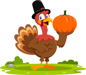 Happy Pilgrim Turkey Cartoon Character Holding A Pumpkin. Flat Illustration Isolated On Transparent Background	