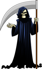 Grim Reaper Skeleton Cartoon Character With A Scythe. Hand Drawn Illustration Isolated On Transparent Background	