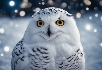 Fototapeta premium White snowy owl sitting in the snow at night - background bokeh dark