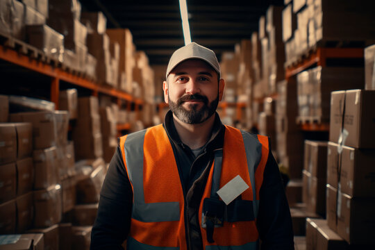 a male warehouse worker in a vest stands against the background of a warehouse - Powered by Adobe