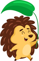 Happy Hedgehog Cartoon Character Running Holds A Plant Leaf. Flat Illustration Isolated On Transparent Background	