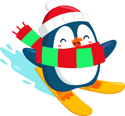 Cute Christmas Penguin Cartoon Character Riding On Skis On Snow. Flat Illustration Isolated On Transparent Background	