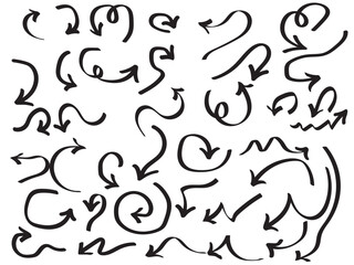 Hand drawn arrow set. Hand drawn Arrows icons Set. Arrow icon with various direction. Doodle vector illustration. Isolated vector arrows on white background.  Vector illustration.