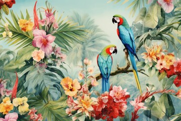 A painting of two parrots sitting on a tree branch