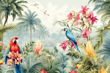 A painting of two parrots in a tropical forest