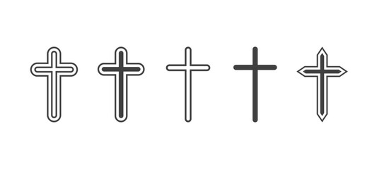Flat Vector Black Christian Cross Icons Set Isolated on a White Background. Line Silhouette Cut Out Christian Crosses Collection