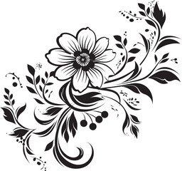 Elegant Botanical Sketch Hand Drawn Noir Emblem Chic Noir Petal Swirls Vector Logo Design